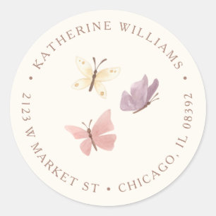 Custom Watercolor Butterflies Round Return Address Classic Round Sticker