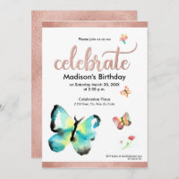 Custom watercolor butterfly faux rosegold birthday