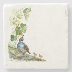 Custom Watercolor California Quail Family Grapes Stone Coaster
