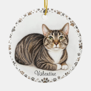 Custom Watercolor Cat Portrait with Paw Print Bord Ceramic Ornament