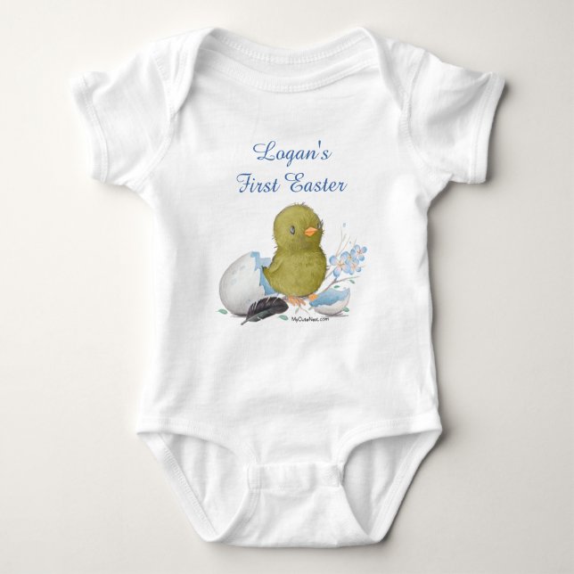 Custom Watercolor Chick Egg First Easter Boy Baby Bodysuit (Front)