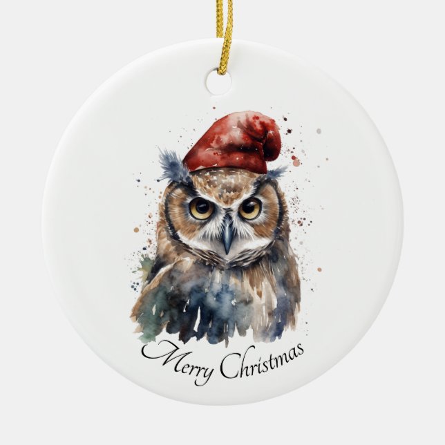 Custom Watercolor Christmas Owl with Red Santa Hat Ceramic Ornament (Front)