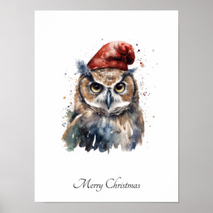 Custom Watercolor Christmas Owl with Red Santa Hat Poster