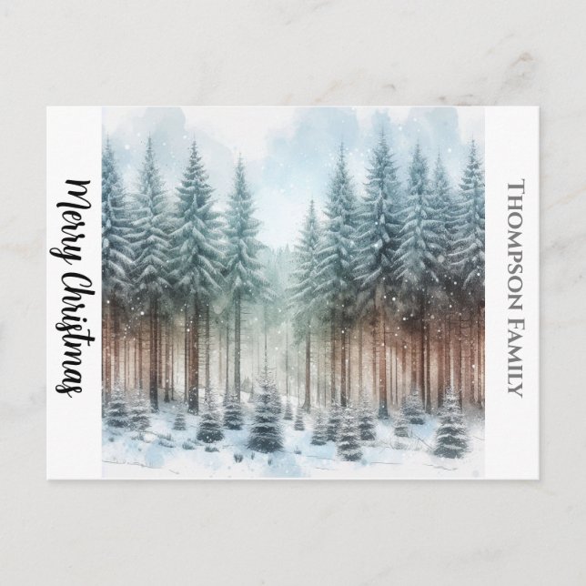 Custom watercolor Christmas pine forest Postcard (Front)