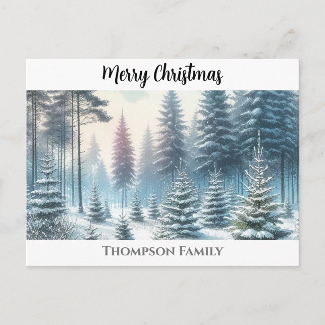 Custom watercolor Christmas pine forest Postcard (Front)