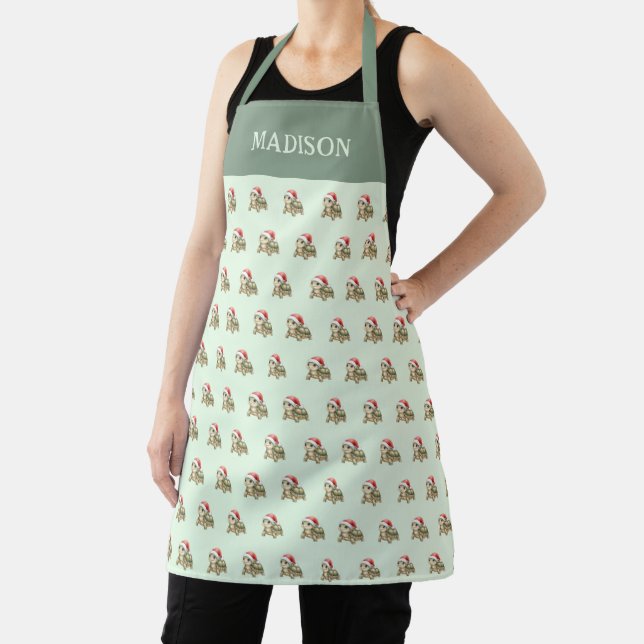 Custom Watercolor Christmas Tortoise Santa Hat Apron (Insitu)