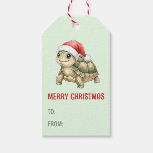 Custom Watercolor Christmas Tortoise Santa Hat Gift Tags