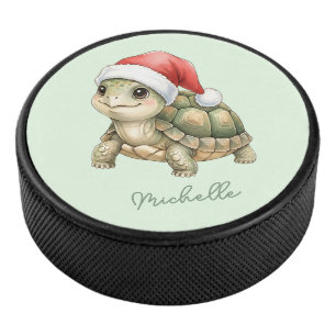 Custom Watercolor Christmas Tortoise Santa Hat Hockey Puck