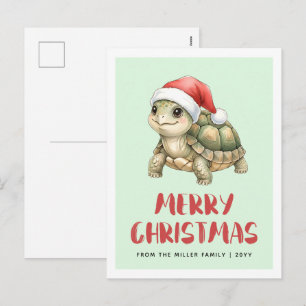 Custom Watercolor Christmas Tortoise Santa Hat Holiday Postcard