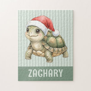 Custom Watercolor Christmas Tortoise Santa Hat Jigsaw Puzzle