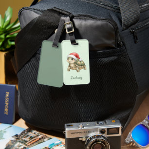 Custom Watercolor Christmas Tortoise Santa Hat Luggage Tag