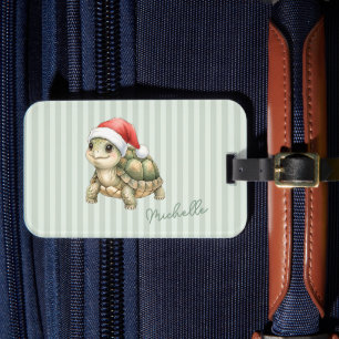 Custom Watercolor Christmas Tortoise Santa Hat Luggage Tag