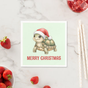Custom Watercolor Christmas Tortoise Santa Hat Napkin