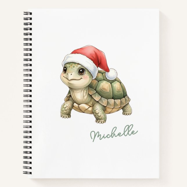 Custom Watercolor Christmas Tortoise Santa Hat Notebook (Front)