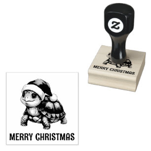Custom Watercolor Christmas Tortoise Santa Hat Rubber Stamp