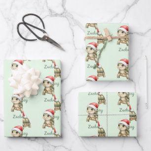 Custom Watercolor Christmas Tortoise Santa Hat Wrapping Paper Sheet