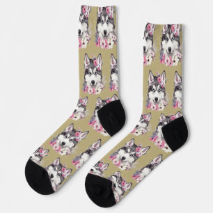 Custom Watercolor Cute Floral Dog Photo Sand Ecru Socks