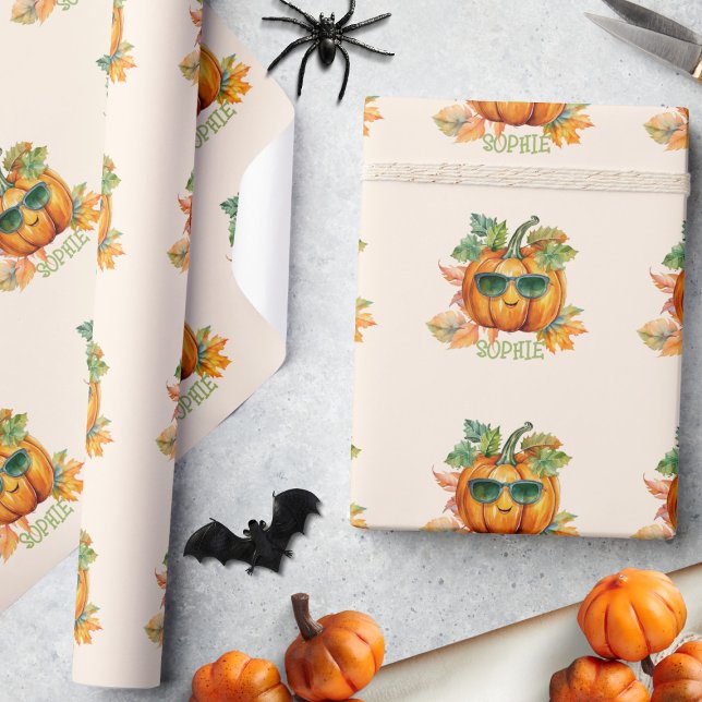 Custom Watercolor Cute Pumpkin Orange Halloween Wrapping Paper (Creator Uploaded)