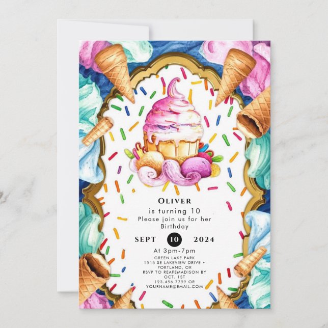  Custom Watercolor Dessert Ice Cream Birthday Invitation (Front)