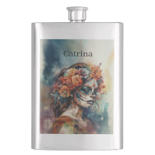 Custom Watercolor Día de los Muertos Catrina Hip Flask
