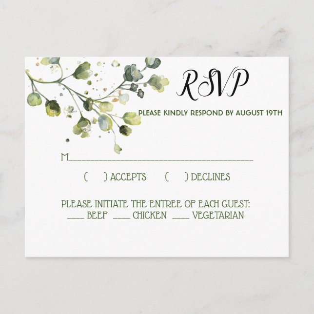 Custom Watercolor Eucalyptus Greenery Leaves RSVP Postcard (Front)