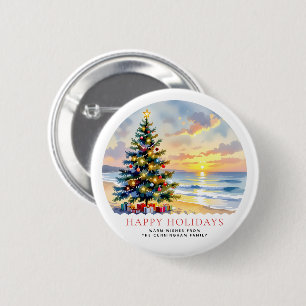 Custom Watercolor Festive Beach Coastal Christmas 6 Cm Round Badge