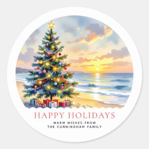 Custom Watercolor Festive Beach Coastal Christmas Classic Round Sticker