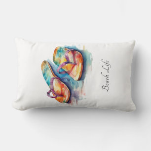 Custom Watercolor Flip Flops Beach House Style Lumbar Cushion