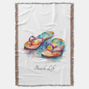 Custom Watercolor Flip Flops Beach House Style Throw Blanket