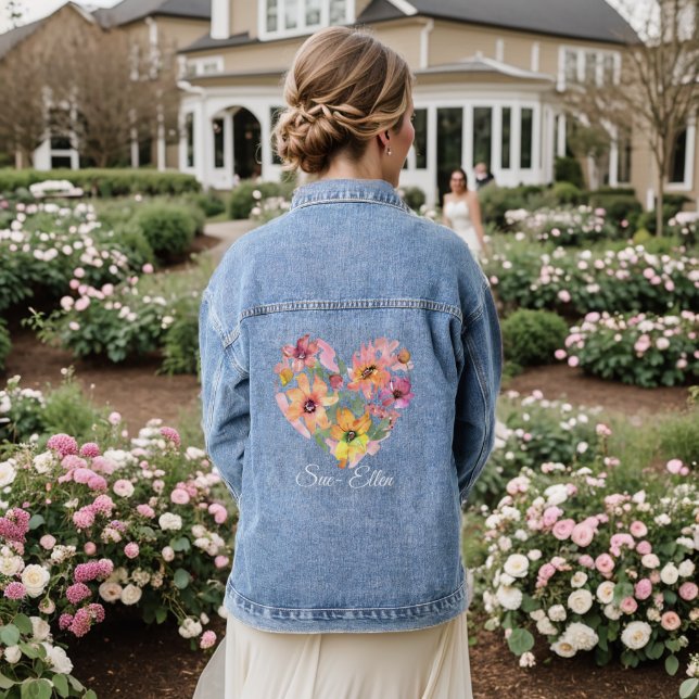Custom Watercolor floral heart Denim Jacket (Wedding Back)