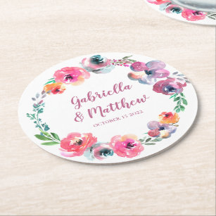 Custom Watercolor Flowers Modern Elegant Wedding  Round Paper Coaster