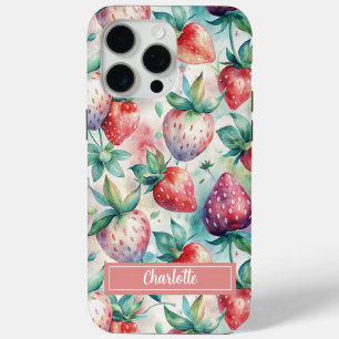 Custom Watercolor Fresh Strawberries iPhone 15 Pro Max Case