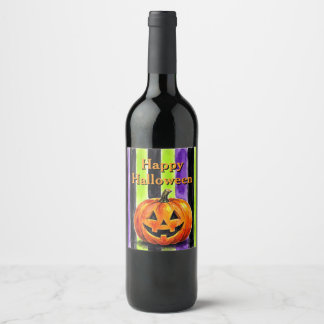 Custom Watercolor Halloween Stripes Wine Label