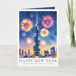 Custom Watercolor Happy New Year Dubai Fireworks Holiday Card