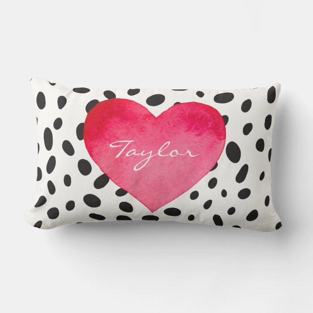 CUSTOM WATERCOLOR HEART ON DALMATIAN POLKA DOTS LUMBAR CUSHION (Front)