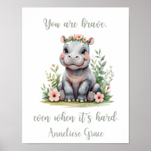 Custom Watercolor Hippo Girl Safari Nursery  Poster