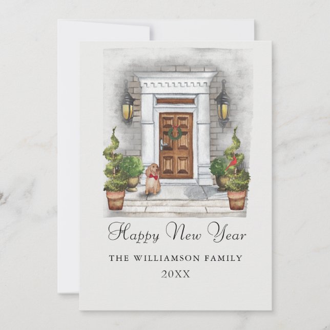 Custom Watercolor House and Dog New Year  Holiday Card (Front)