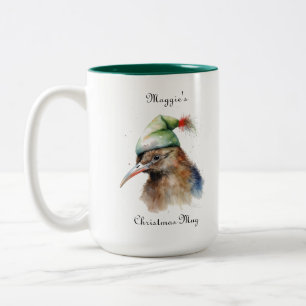 Custom Watercolor Kiwi Bird Christmas Green Elf Two-Tone Coffee Mug