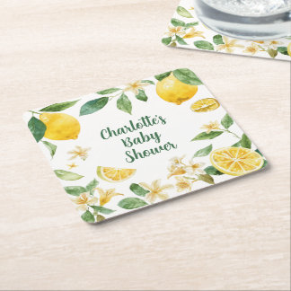 Custom Watercolor Lemon Blossom Baby Shower Square Paper Coaster
