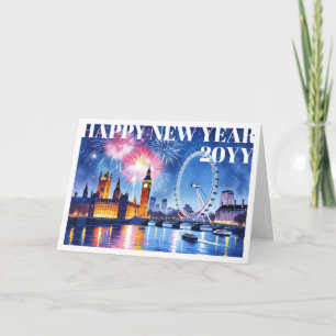 Custom Watercolor London Fireworks Happy New Year Holiday Card