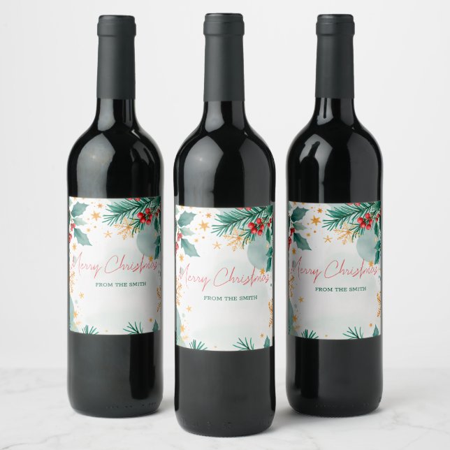 Custom Watercolor Merry Christmas Elegant  Wine Label (Bottles)