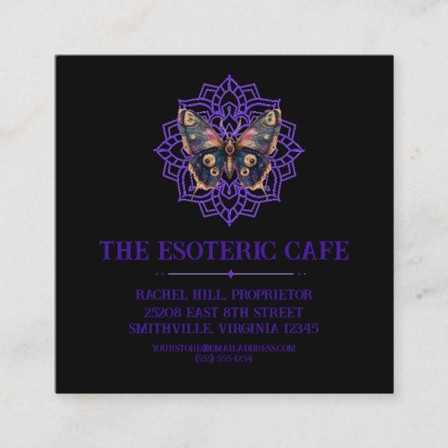 Custom Watercolor Moth Mandala Square Business Card (Front)