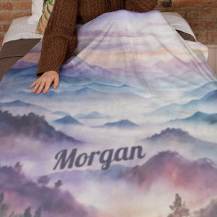 Custom Watercolor Mountain Mist Landscape Fleece Blanket