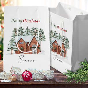 Custom Watercolor Nordic Pine Forest Christmas Medium Gift Bag