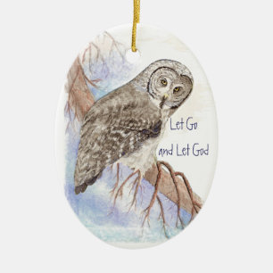 Custom Watercolor Owl Dated Let Go and Let God Ceramic Tree Decoration