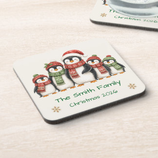 Custom Watercolor Penguin Family Winter Christmas Coaster