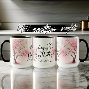 Custom Watercolor Pink Happy Birthday Mug for Her