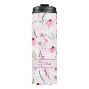 Custom Watercolor Pink Wild Flower Pattern Thermal Tumbler