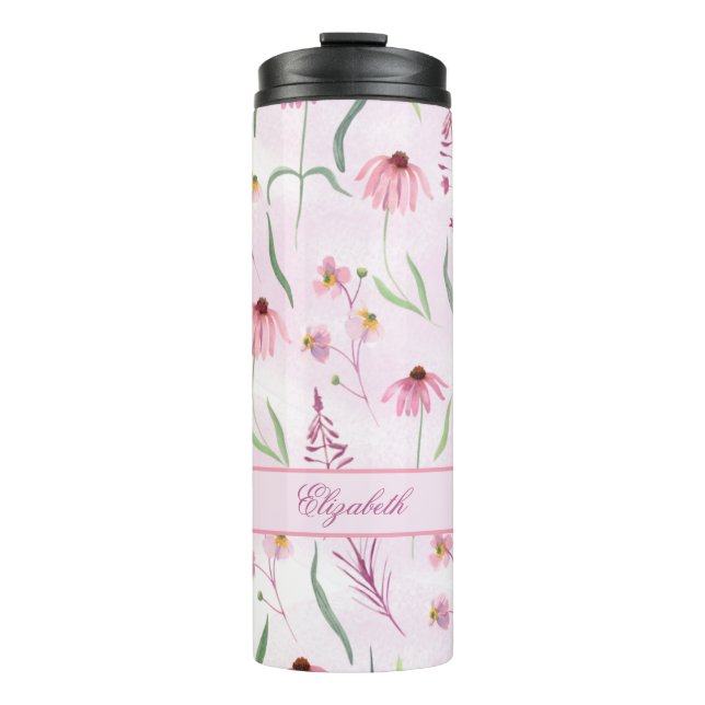 Custom Watercolor Pink Wild Flower Pattern Thermal Tumbler (Front)