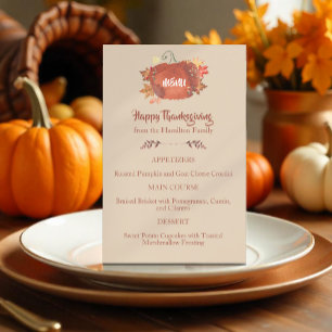  Custom Watercolor Pumpkin Thanksgiving Brown Menu